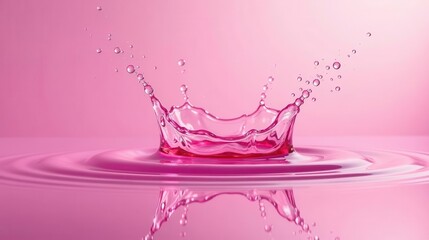 A vibrant pink liquid droplet creates a stunning crown-shaped splash, reflecting beautifully on the calm surface below, showcasing the elegance of fluid dynamics in a serene setting.