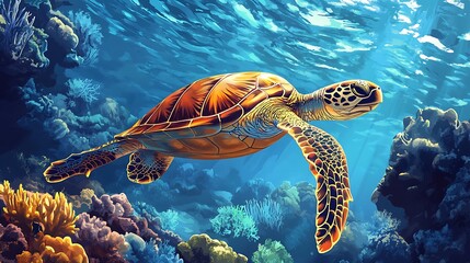 Sea turtle swimming amongst vibrant coral reefs.