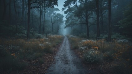 Obraz premium Trail with empty space for text, set in a foggy forest scene featuring a dirt trail surrounded by trees and wildflowers.