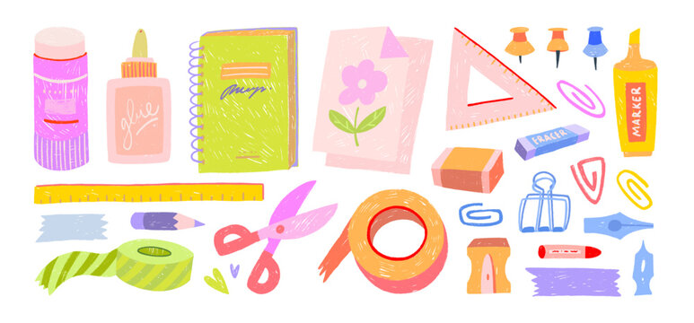 Crayon drawn colorful kid's stationary tools. Colorful funky childish illustration. Glue, sketchbook, washi tape, scrapbook tools. Set of office and school supplies isolated on white background.