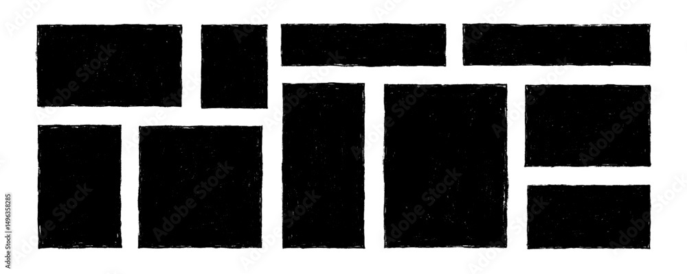 Poster crayon drawn black grunge rectangles and squares with rough edges. childish text boxes, empty speech