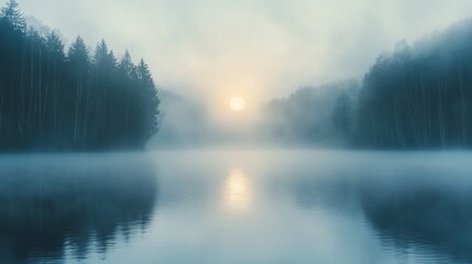 Fototapeta premium Serene sunrise over a misty lake, trees silhouetted against the soft light