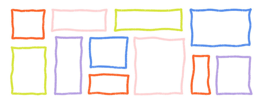 Colorful wavy squares and rectangles frames. Bold outline grunge rectangle shapes, empty speech bubbles, text boxes. Crayon drawn geometric vector shapes, doodle irregular bold frames collection.
