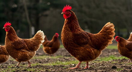 Group of Free-Range Brown Hens Foraging Outdoors on a Farm, Displaying Natural Behavior in a Rural Environment