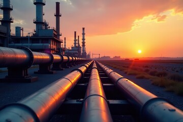 Sunset Over Industrial Pipeline Infrastructure A Stunning View of Energy Transportation at Dusk