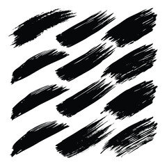 Paint brush stroke graphic set. Black and white Brush stroke isolated on white background, silhouettes in dirty style, spray effect, splashes, drops, paint drips. Vector graphic collection