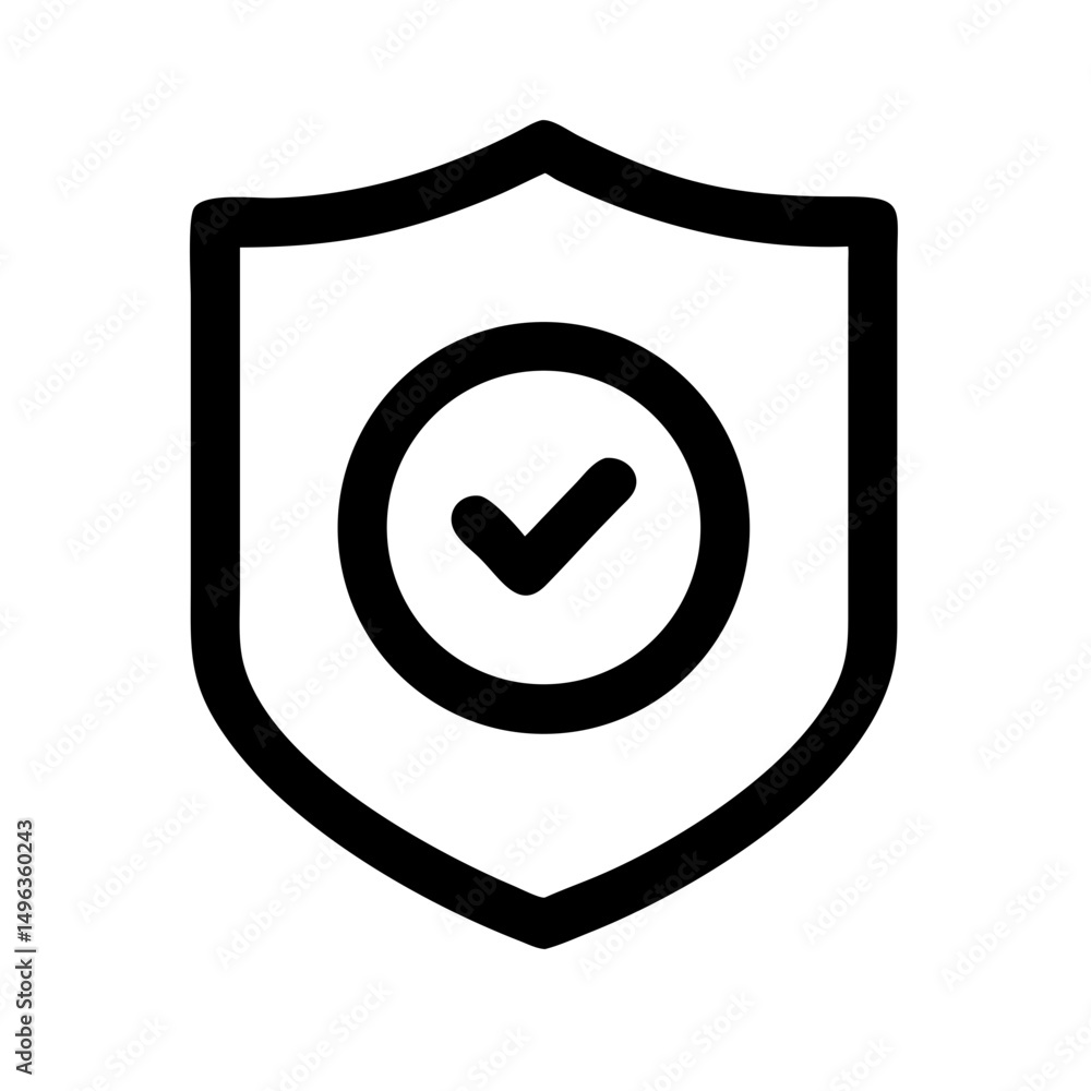 Poster a black outline icon of a shield containing a circle with a checkmark. suitable for websites or blog