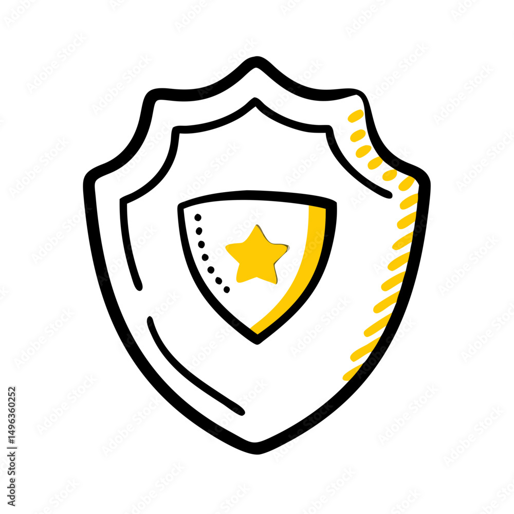 Poster a doodle-style icon of a shield with a smaller shield inside containing a star. could be used for se