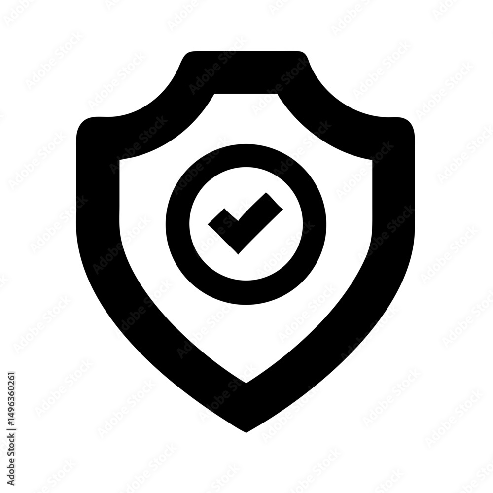 Poster a black outline icon of a shield containing a circle with a checkmark. suitable for websites or blog