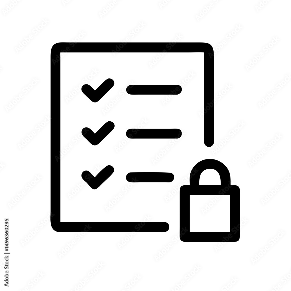 Aufkleber black outline icon of a clipboard with checkmarks and lines, next to a closed padlock. could be used