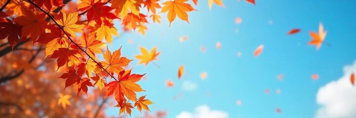 Obraz premium Autumn leaves swirling in a gentle breeze, creating a mesmerizing dance of color against a clear blue sky Perfect for nature, fall, and seasonal themes , wind, outdoor, vibrant