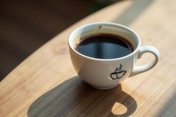 Obraz premium Aromatic Dark Roast Coffee in a White Mug on Wooden Surface Basking in Sunlight