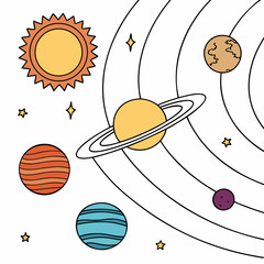Colorful planets orbiting sun solar system illustration