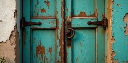A weathered teal door with rusty hinges and a ring pull, set against a crumbling wall, evokes a sense of age and forgotten stories.