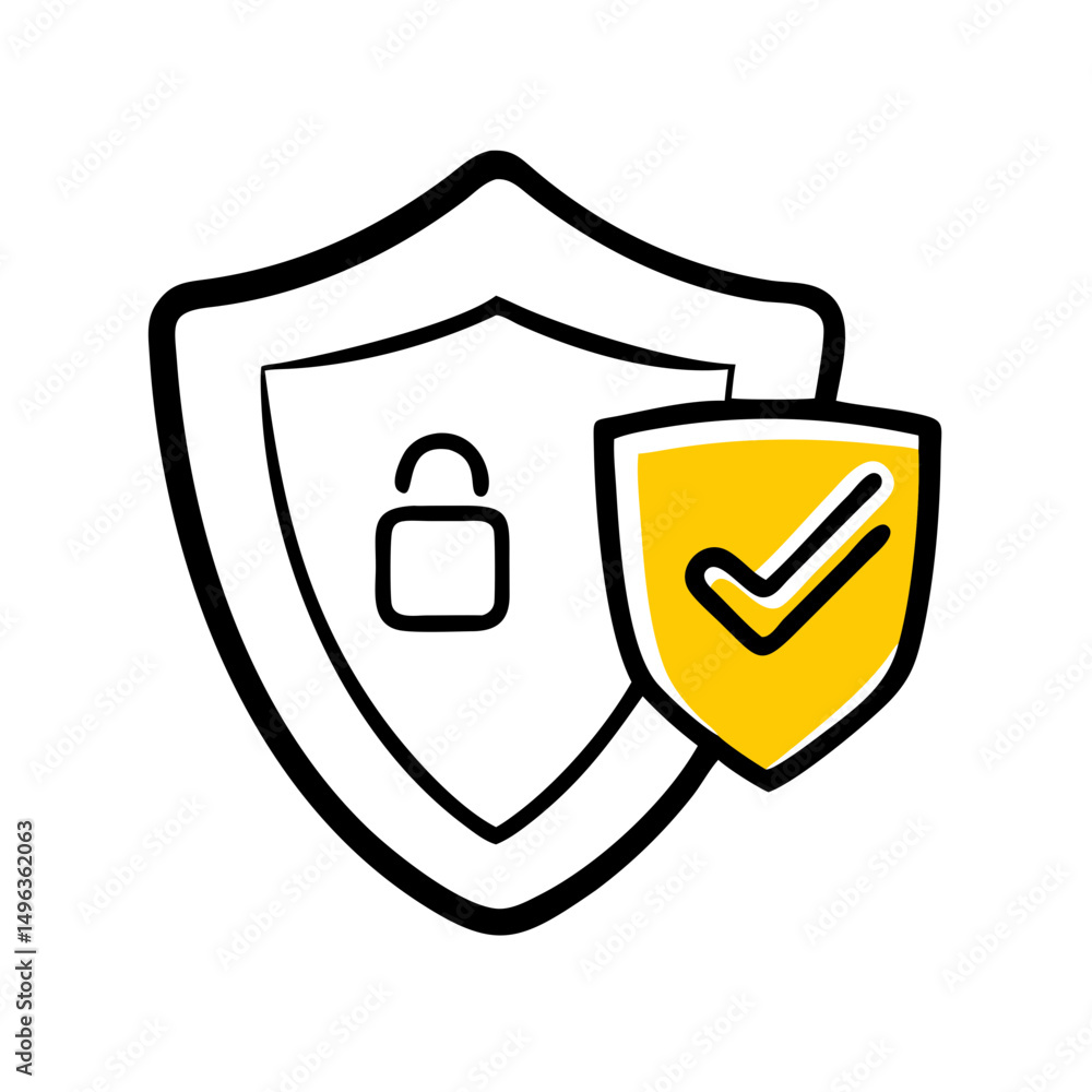 Poster doodle-style icon featuring two shields, one with a padlock and another with a checkmark, symbolizin