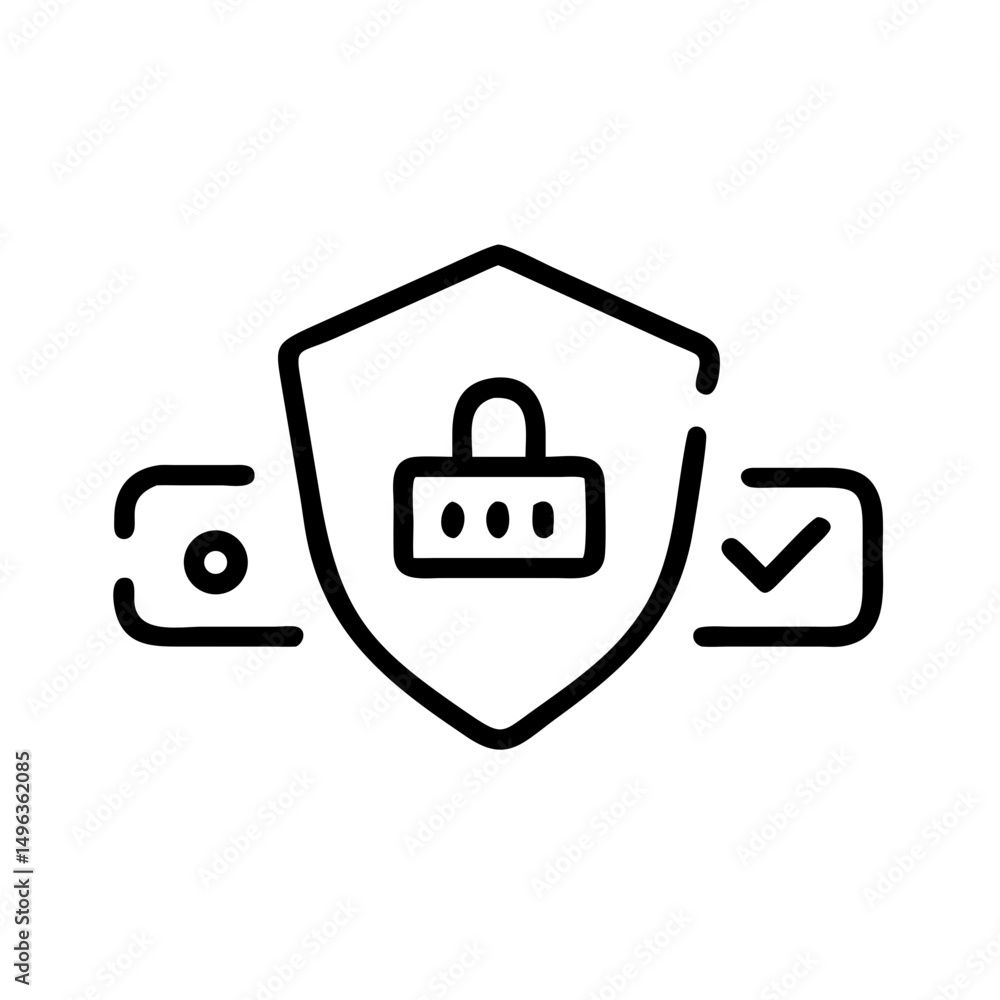 Poster shield protecting a padlock with dots, flanked by an eye and a checkmark, signifying secure password