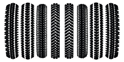 Tire tread marks, texture, tire marks - car races, motocross, drift, rally, off-road and other. Vector black isolated texture in grunge style with splashes. Black and white vector .