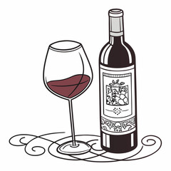 Elegant red wine bottle and glass, isolated illustration
