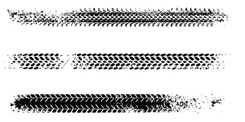 Tire tread marks, texture, tire marks - car races, motocross, drift, rally, off-road and other. Vector black isolated texture in grunge style with splashes. Black and white vector .