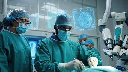 Diverse team of doctors wearing AR glasses preparing for medical surgery procedure with advanced robotic equipment and holographic interfaces showing patient data in hospital operating room - Powered by Adobe