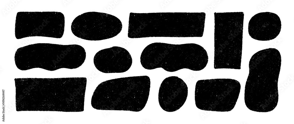 Poster hand drawn organic irregular text boxes, organic wavy shapes and rounded rectangles. black empty gra