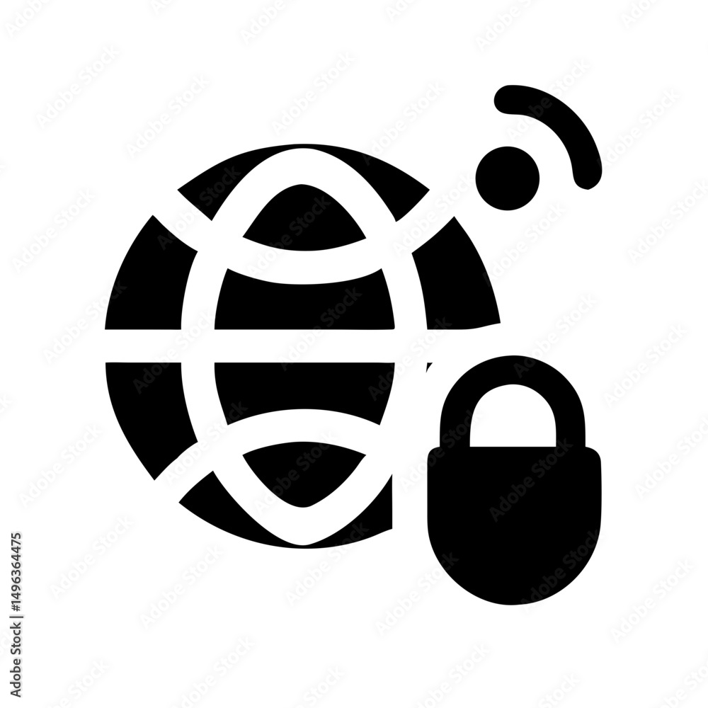 Poster icon showing a globe with a padlock and wi-fi signal, representing global internet security. ideal f