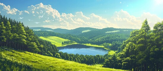 Fototapeta premium Generative AI illustration of a picturesque landscape with green trees and a lake on a sunny day representing the concept