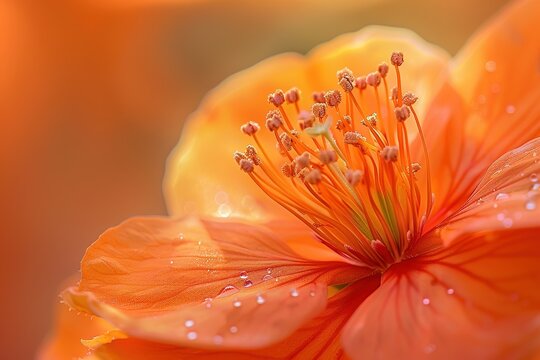 Beautiful orange flower macro photography with water droplets and detail