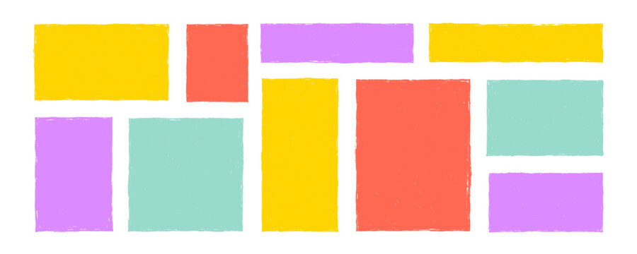 Crayon drawn colorful grunge rectangles and squares with rough edges. Childish text boxes, empty speech bubbles, doodle geometric shapes with pencil rough texture. Rectangles for hand drawn notes.