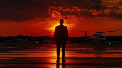 Silhouetted figure at sunset, facing a helicopter and other aircraft on a tarmac.  Reflecting sunset colors