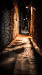 Obraz premium Illuminated Brick Alleyway at Night A Dark and Mysterious Urban Scene.