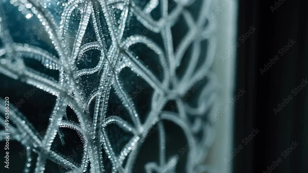 Poster Closeup of delicate frost formations on a pane of glass, creating an intricate pattern with branches and floral elements.