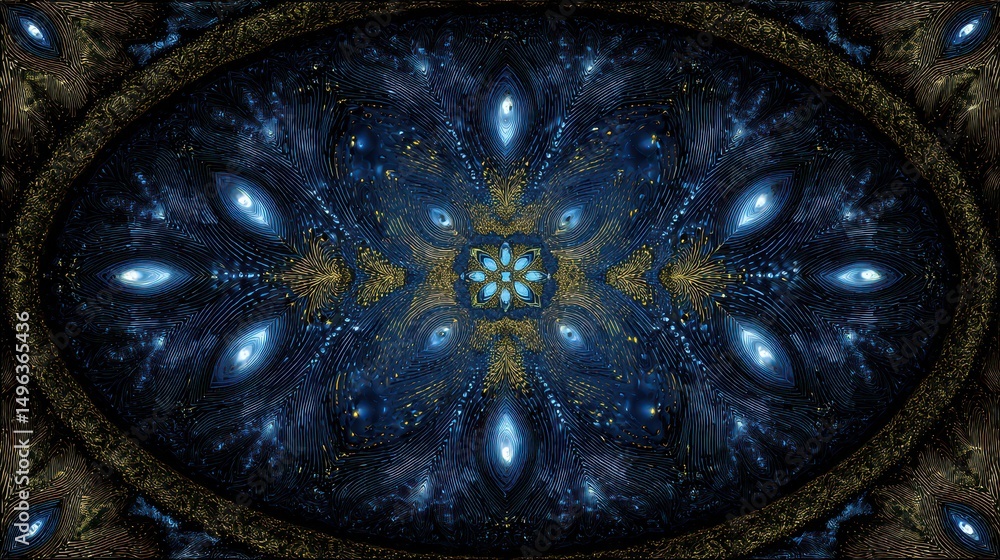 Poster intricate abstract pattern with mesmerizing hues of blue, gold, and black reflecting celestial vibes