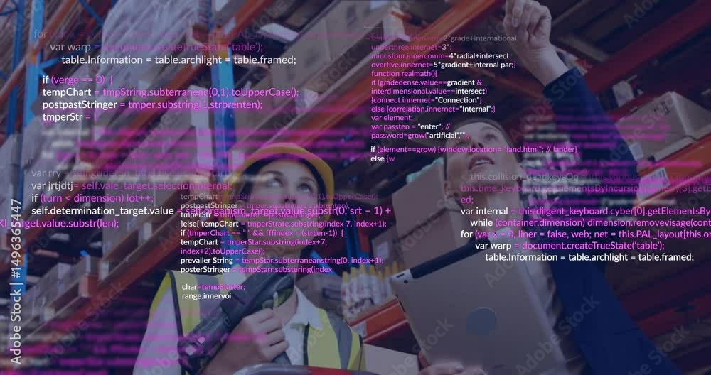 Poster Warehouse worker scanning boxes and lead tapping tablet showing data stream guiding shelf placement