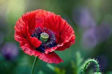 Close up of a vibrant red poppy flower with water droplets