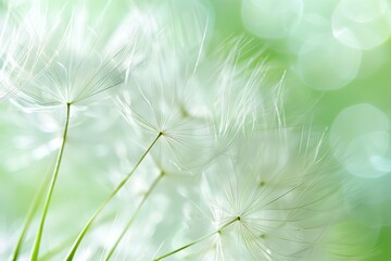 Close up of delicate dandelion seeds on soft green background