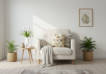 Naklejka premium Armchair and plants in bright room