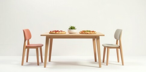 A simple wooden dining table setting with two chairs and two pizzas