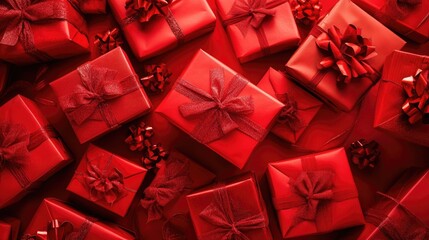 Generative AI illustration of full frame of red gifts with ribbons and bows on red background