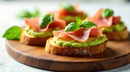 Delicious Appetizers Gourmet Avocado and Cured Meat Crostini on Rustic Wooden Board