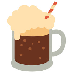Root beer float in a glass mug with overflow foam and a red striped straw isolated on white background.