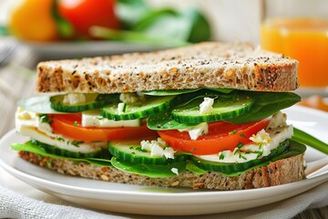 Delicious and healthy sandwich with fresh vegetables and feta cheese
