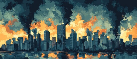 Generative AI illustration of post disaster landscape of city with buildings and skyscrapers under black cloudy sky with environmental pollution