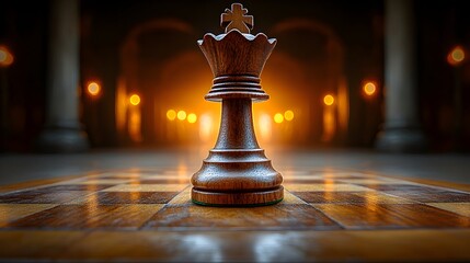 A dark, polished chess queen stands on a wooden board in a dimly lit, arched hallway with warm light sources in the background