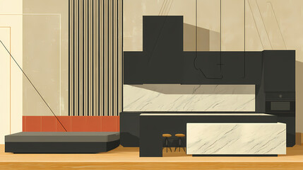 Fototapeta premium Modern, black minimalist interior with kitchen, sofa, wood floor, wall panels and marble kitchen island. 3d render illustration mock up. minimalist. Illustration