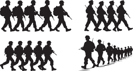 Obraz premium Silhouette of Soldiers Marching in Formation with Rifles Vector silhouette