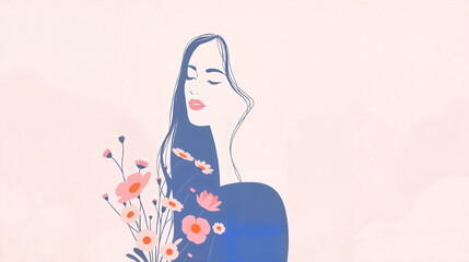 Obraz premium Simple illustration of a woman holding flowers with a soft pastel background
