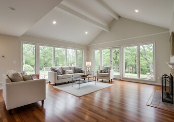 Fototapeta premium Modern Living Room with Vaulted Ceiling and Hardwood Floors