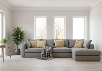 Fototapeta premium Modern Gray Sectional Sofa with Yellow Cushions in Minimalist Living Room