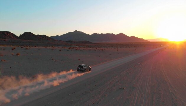 Rugged SUV Driving Desert Highway at Golden Dawn